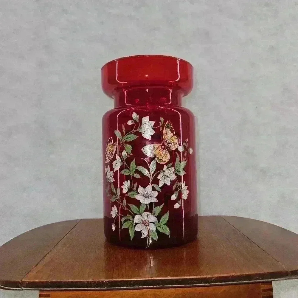 Ruby Red Cranberry Apothecary‎ Canister Floral Butterflies Made In Italy Vintage